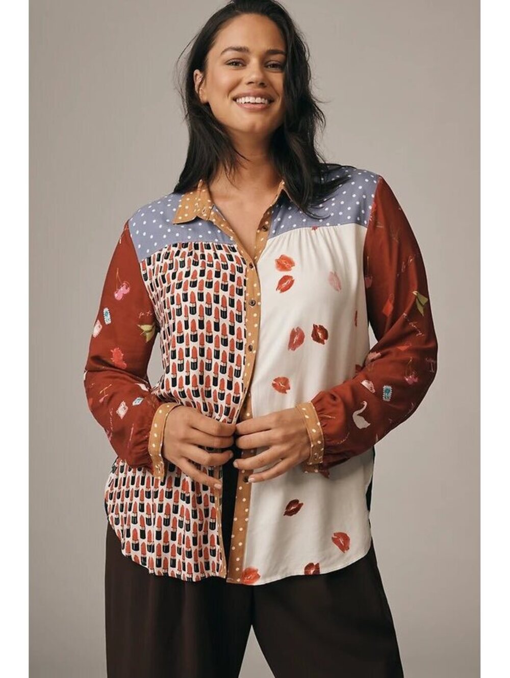 Anthropologie Maeve The Paz ButtonDown Shirt Lipstick Kisses 1X Plus NWT